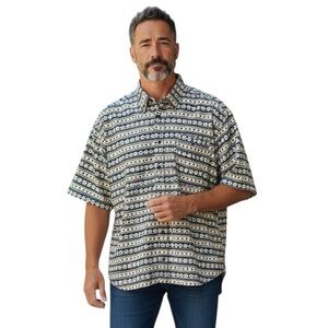ORVIS light tan & blue pattern 100% cotton short sleeve button up shirt size XXL